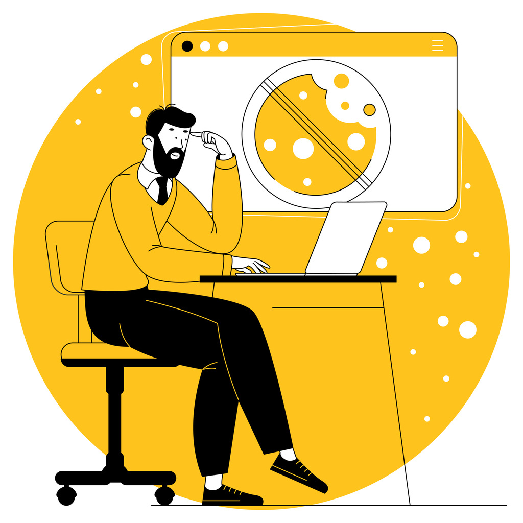 Man in deep thought, sitting in front of a laptop on a yellow background, representing internet cookies technology.