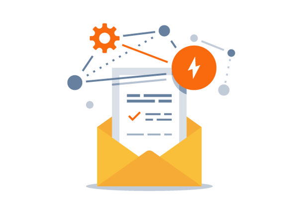 icon depicting an email marketing strategy: an opened envelope with a letter inside, representing a newsletter concept. It includes elements symbolizing writing letters, summarizing news, and RSS services