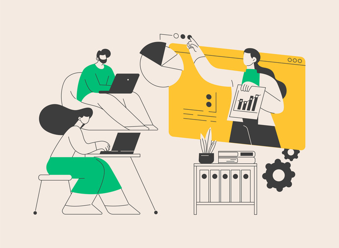 Vector illustration of a group of people in a collaborative setting during a presentation.