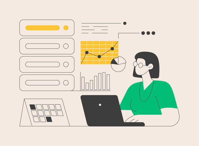 Vector illustration of a woman analyzing basic data sets represented by overlapping shapes