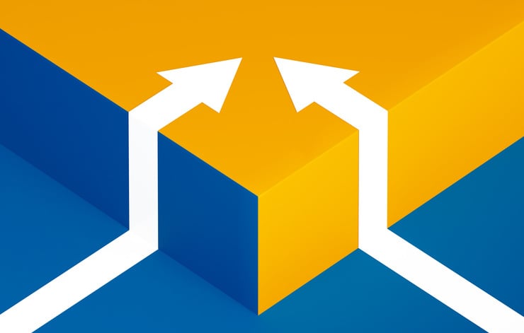 White arrows merging over blue and yellow background. Understanding sales journey concept