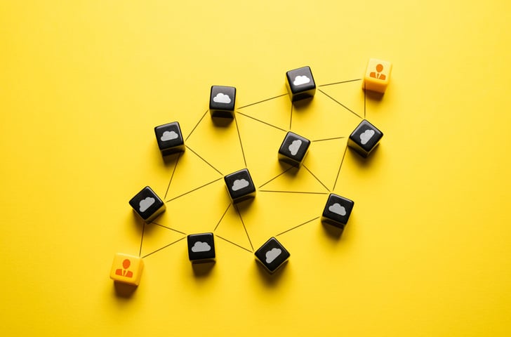 Communication channel connection of blocks  on yellow background