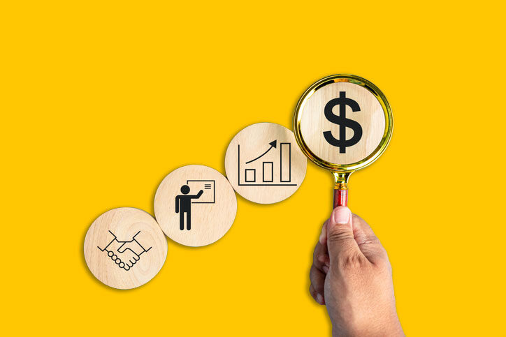 A yellow background featuring a selection of business goals, representing a client-centric strategy. In the center, a magnifying glass focuses on a dollar sign, symbolizing financial objectives and analysis