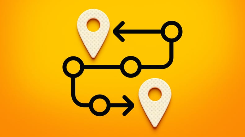 interconnected directional arrows and circular location markers. Set against a vibrant yellow background, symbolizing customer journey.